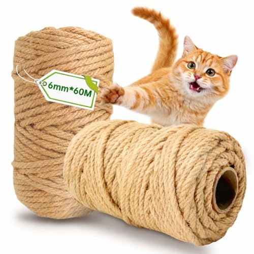 Corda Tiragraffi per Gatti 6mm x 60m, 2 Pezzi Corda per Tiragraffi, Corda Canapa, Sisal per Tiragraffi, Spago per Tiragraffi per Gatti, Ricambi Tiragraffi, Alberi Gatto, Fai da Te, Giardinaggio e Casa