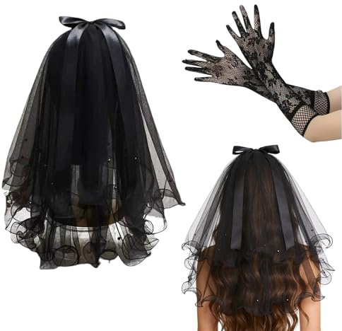 TGKEAIY Velo de Novia con Peine, Velo Corto Negro de Boda con Perlas de Imitación y Lazo, 2 Niveles Gótico Velos con Guante de Encaje Negro, para Fiesta de Halloween, Boda, Fiesta de Noche