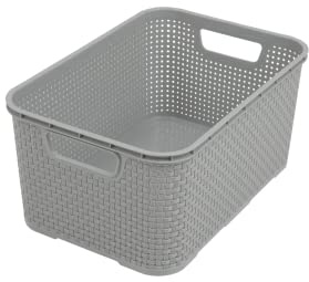 BranQ Home essential Cesta universal y multifuncional en diseño de ratán, tamaño S 7 L, sin bisfenol A, plástico polipropileno, gris claro, 28,5 x 19,5 x 12,9 cm