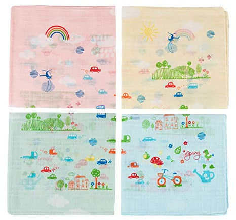 HOULIFE Ragazzi Ragazze 100% Bambù Cotone Fazzoletti Carino Cartoon Stampa Modello Fazzoletti per Bambini Bambini Studenti 4 Pezzi 31x31cm Regali di Natale, Misto-4 pezzi, Small