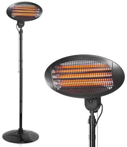 BAKAJI Stufa da Esterno al Quarzo Infrarossi per Patio Gazebo Fissaggio a Parete o Piantana da Terra Altezza 210 cm Regolabile Fungo da Esterno Termostato regolabile Potenza Massima 2000W