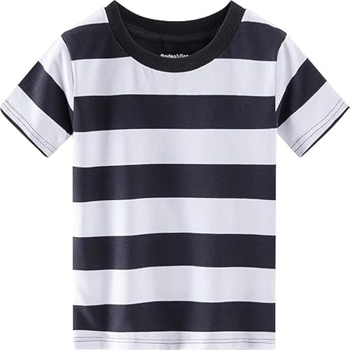 Spring&Gege Ragazzi Maglietta T-Shirt Girocollo a Righe a Maniche Corte in Cotone per Bambini, Bianco bero, 13-14 Anni