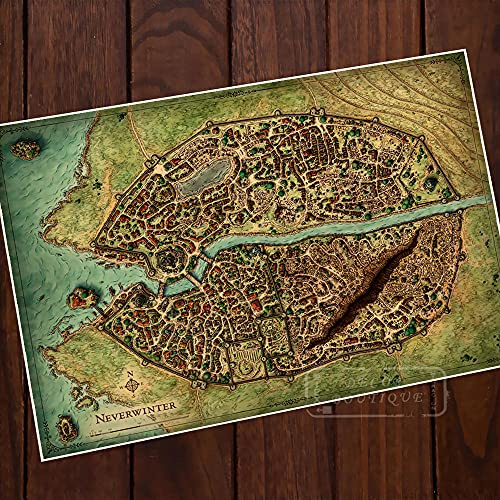 Poster da Parete Neverwinter Tropical Seaside Mappa della Città Classic Vintage Poster Decorativo Mappe Home Bar Poster Wall Canvas Sticker Poster E Stampe - 50X70Cm