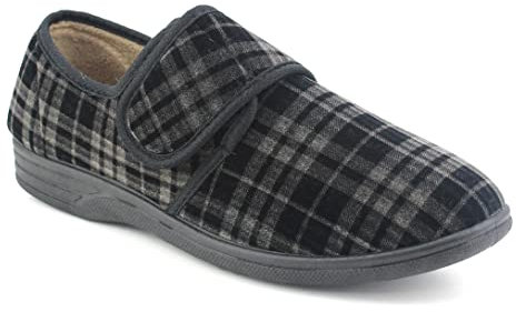 Dr Keller Mens Velour Check Faux Fur Lined Wide Opening Touch Fasten Slippers (10, Black, numeric_10)
