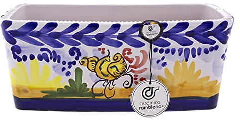 CERÁMICA RAMBLEÑA | Jardinera Rectangular para Balcón y Exterior | Decorado Montería - Modelo J03 | 100% Decorada a Mano | 30x13x13 cm