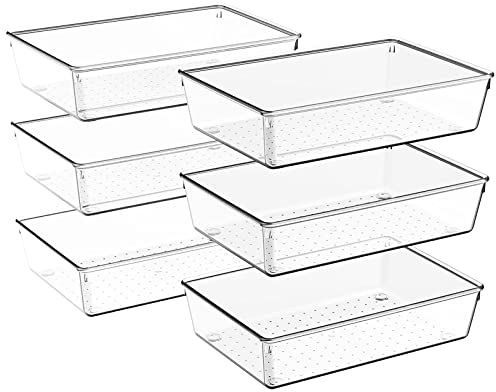 Kriovoa Desk Drawer Organiser, 6 Pack Large Kitchen Acrylic Drawer Organiser Set, Fridge Organiser Clear Plastic Storage Boxes Divider For Utensils, Makeup, Bedroom, Office.