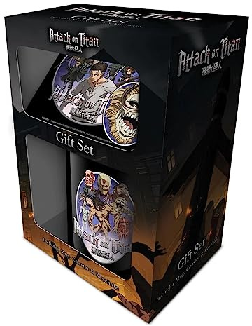 Attack on Titan Geschenk-Set mit Tasse, Untersetzer und Schlüsselanhänger (Season 4 Design) 325ml Keramiktasse - Offizielles Merchandise, Schwarz