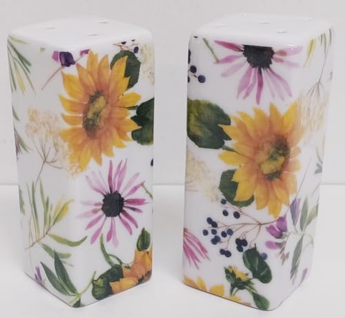 Sunflowers Meadow Salt & Pepper Set Rectangular Ceramic Multi Floral Porcelain Pots Hand Decorated UK