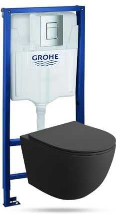 GROHE Solido WC Suspendu Mural Sans Rebord Noir + Siège Avec Système d'Abaissement Automatique - Kit Complet Encastré