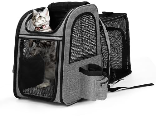 Erweiterbar Katzenrucksack - Hunderucksack bis 8kg, Faltbare Katzen Rucksack für Katzen Hunde mit Innerer Sicherheitsleine und Haustiermatte Katzen Transport Tasche max 42 * 28 * 60cm Grau