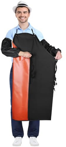 DBREAKS Unisex Schürze Metzgerschürze Arbeitsschürze mit Ärmelschützer, PVC Wasserdicht Schürzen, Gummischürze, Ölresisten Schürze, Latzschürzen Gastronomie, Industrial Apron, Metzgereibedar, Schwarz