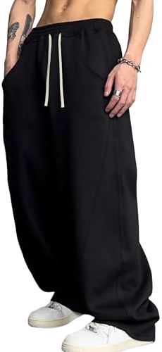 FCOOLYEET Herr säckiga träningsbyxor Y2k träningsbyxor dragsko yoga gym träningsbyxor breda ben långa byxor streetwear, Svart, L