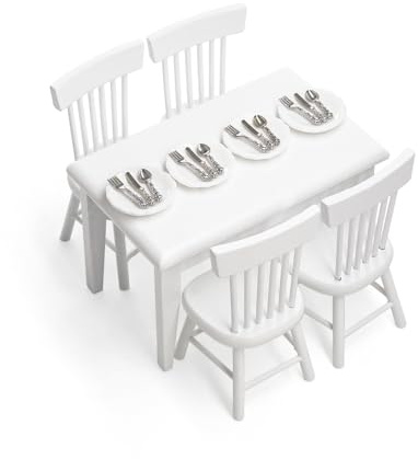 Odoria Miniature Table à Manger Chaises: 21 Pièces Échelle 1/12 Miniature Assiette Couverts de Table pour Maison de Poupée Salle à Manger Cuisine Vintage - Mini Table Rectangulaire Meubles Bois Blanc
