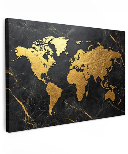MuchoWow© Bilder Groß 120x80 cm XXL Wohnzimmer Deko Modern Wandbild Kunstdruck auf Leinwand Bild Schlafzimmer über Bett Room Decor Geschenke Weltkarte - Gold - Marmor