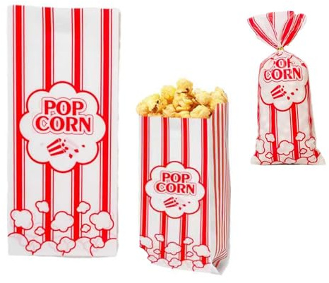 KOSLEOW Lot de 200 Sachets Pop Corn, 12.5x27.5cm Sacs à Popcorn Bags Imperméables et Résistants à l'Huile pour Machine à Popcorn, Fêtes, Cinéma, Anniversaire - Design Rayé Rouge Rétro par