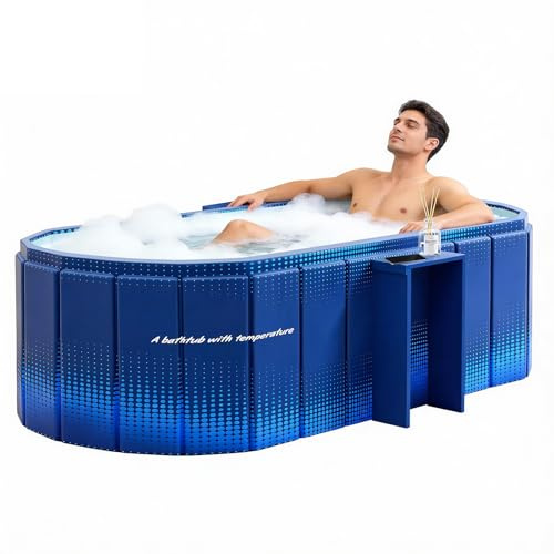 HLCZLUZ Bärbart hopfällbart badkar, fristående badkar ingen installation, badrum spa badkar, duschkabin hopfällbart varmt och iskallt badkar (blått med förvaringsställ, 140 cm L x 50 cm B x 40 cm H)