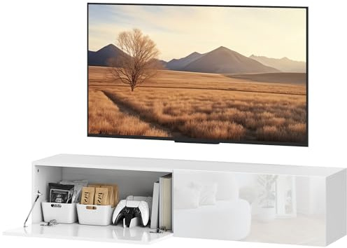 HOMCOM Mobile TV Sospeso per Televisori 45-55-65 Mobile Porta TV con 2 Armadietti e Ante a Ribalta per Salotto Soggiorno Camera da Letto 140x33x29.8 cm Bianco Lucido