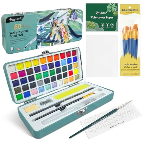 flintronic Set de Peinture Aquarelle Solide, 50 Couleurs Boîte d'Aquarelle Concentrée Portable, avec Pinceau et Papier Aquarelle, Pour Débutants, Professionnels (47 Pièces)