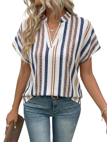 HEEKPEK Damblus, sommar, kortärmade skjortor, elegant, v-ringad, toppar, ränder, ledig bluströja, ledig, lös skjortblus, tunika, topp
