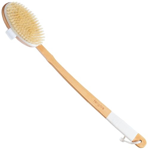 rengöra Long Handle Back Scrubber for Shower - Natural Boar Bristle Body Brush for Effective Dry Brushing and Bath - Ergonomic Wooden Handle with Removable Brush Head for Full Body Scrubbing