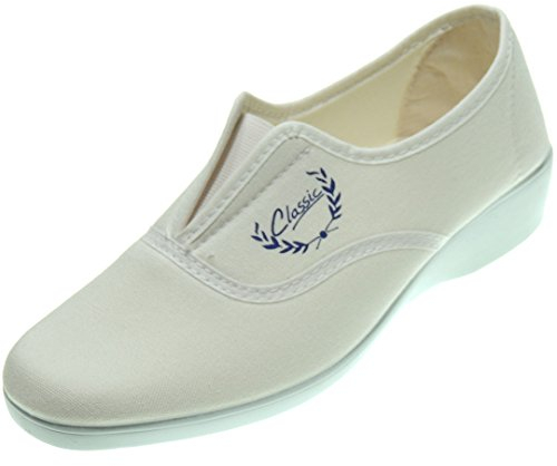 Calzados Romero. Zapatilla Deportiva Aerobic Lona Mujer Cuña 3.8Cm Ajuste Elástico Empeine Piso Goma Antidelizante Blanco Talla 40