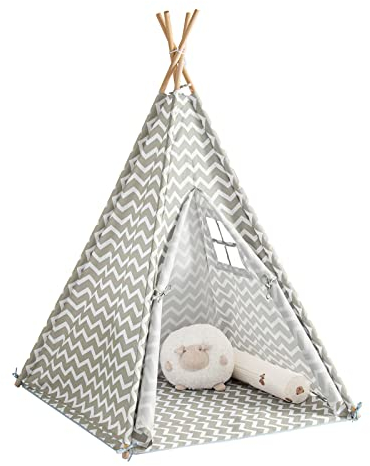 SoBuy Kinderzelt Indoor mit Tür und Fenster Zelt Kinder Spielzelt Kinder Spielhaus für Kinderzimmer Weiß/Grau 109x165x109 OSS03