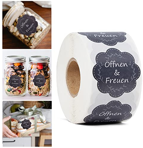 Öffnen und Freuen Aufkleber 600 Stück 40mm Blumenförmige Etiketten auf Rolle Geschenkaufkleber Selbstklebend ideal für Geschenkverpackung,Hochzeit,Überraschung,Individuelles Design (Schwarz)