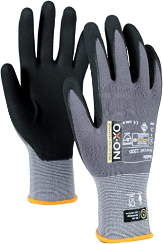 OX-ON Flexible Advanced 1900 Grey Work Gloves, Durable Safety Gloves, Secure & Precise Grip, Protective & Comfortable Nitrile Gloves, Phone Touch Function, Food Contact Sanitised - 12pairs,Size 10/XL