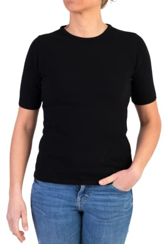 Girocollo Donna Manica Corta Misto Cashmere Seta Made in Italy Maglione Paricollo Pullover Maglia Mezza Manica Lana Merino Cachemire Maglioncino Beige Blu Grigio Regalo Abbigliamento (XL, Nero)