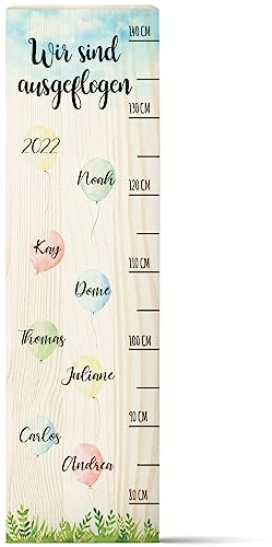 GRAVURZEILE Messlatte als Abschiedsgeschenk Erzieherin & Tagesmutter mit Namen der Kinder aus Holz - Skala misst 80-140 cm - Größe 20 x 70 x 2 cm Farbe Messlatte Ballons