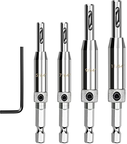 Punta di Trapano per Cerniere, 4 Punte Autocentrante con Chiave Esagonale per Mobili, Armadietti 5/64-7/64- 9/64-11/64