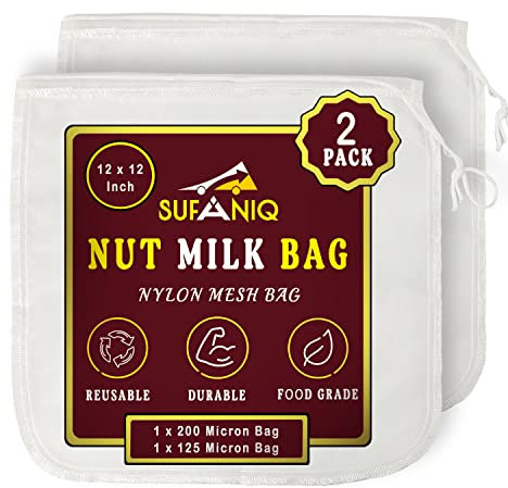 SUFANIQ Nylon Nut Milk Bag - 2 Bags (12 x 12 Inches) 100% Pure Nylon Bag for Straining, Premium Quality Nut Milk Bag Reusable, Nut Bag Strainer for Almond, Soy, Oat Milk, Juices, Cheese Making