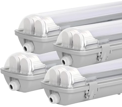 Sonnewelt LED Feuchtraumleuchte 150cm 4er 6000K Kaltweiß 2x 24W Röhre 4800lm IP65 Wasserfest T8 Werkstattlampe Röhrenlampe Komplett Wannenleuchte Leuchte für Garage Keller Büro Warenhaus