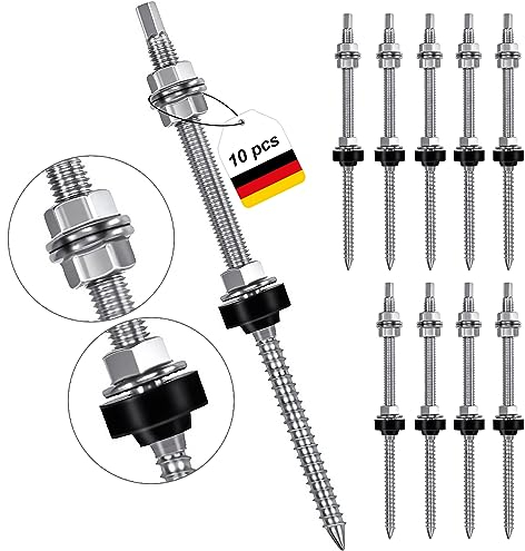 Hanger Bolts M10 x 200 mm Hanger Bolts PV System (Pack of 10) Stainless Steel Height Adjustable Hanger Bolt Dowels for Photovoltaic Solar Mounting on Building Roofs Material: Stainless Steel (SUS304)