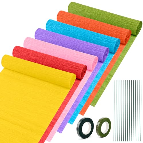 Krepppapier 7 Rollen Krepppapier Pastell Regenbogen Bunt Zum Basteln Crepe Papier Krepppapier Blumen DIY Florale Kunstwerke für Hochzeit Geburtstag Weihnachten Valentinstag mit 15x Äste 2x Klebeband