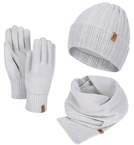 HEYO Vinterset för kvinnor, stickad mössa, halsduk, mjuka handskar, varmt set för damer, fodrad vintermössa med stor vinterhalsduk, damhalsduk, GRÅ, En Storlek