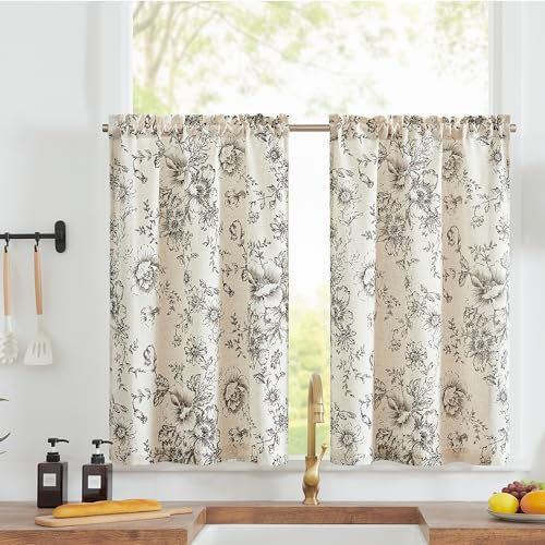 TOPICK Rideaux Cuisine Court Moderne Lin Brise Bise Botanique Noir 65L X 60H cm, 2 Panneaux de Brise-Bise Style Pastoral Anglais Semi-Transparent à Passe Tringle, Moderne pour Fenêtre Placard Evier