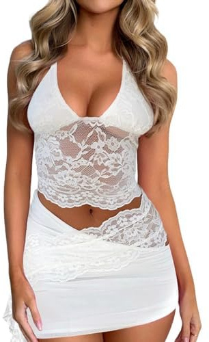 MAHUAOYIXI Conjunto de 2 piezas elegante falda mono mujer transparente sexy cuello en V top de encaje camiseta de verano ajustada sin mangas chaleco blusa Tops + mini falda sexy de cintura baja playa,