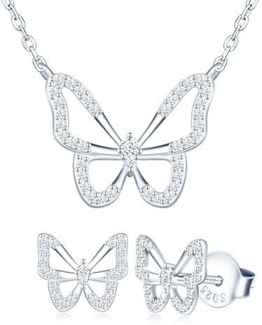 MICMIF Mariposa Juego de Joyas de Plata Conjunto Collar y Pendientes Mariposa con Circonita - Forma de Mariposa Aretes & Collar con Colgante Regalos para Mujer Niña Esposa Amante Novia Madre