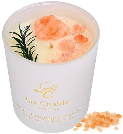 Lia Chahla London Pink Champagne Soy Candle with Himalayan Crystals – Luxury Aromatherapy Scented Candle – Home Fragrance Gift for Women & Men with Card & Elegant Packaging