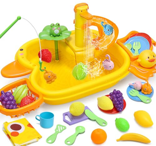 CUTE STONE Küchenspüle Spielzeug Set Wasserbecken Spielzeug Set mit Wasserhahn, Obst-Schneiden Wasserrutschbahn, Floating Spielzeug, Angelspielzeug, Rollenspiel Spielzeug für Kinder