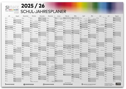 SIGNZ Calendario Escolar 2025-2026, XXL, 98 x 68 cm, incluye vacaciones y días festivos, fabricado de manera neutra en CO2, hecho en Alemania