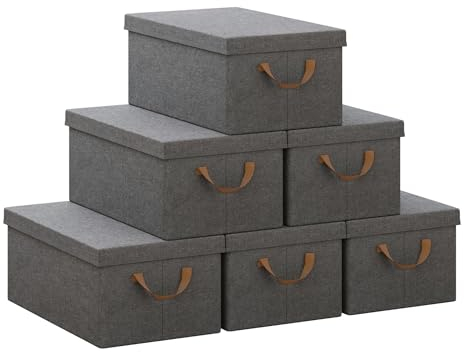 WOLTU Foldable Storage Boxes Set of 6, Fabric Storage Cubes with Metal Frame, Storage Baskets with Lid and Handles, Clothes Organisers for Wardrobe, Study, Children's Room, Bedroom, Grey, 48x29x20cm