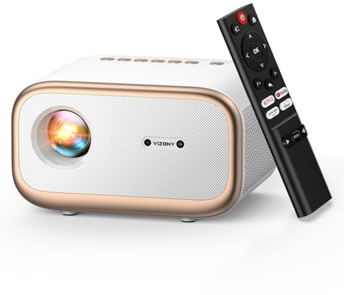 VIONA Mini WiFi-projektor och tvåvägs Bluetooth-projektor Native 1080P, 4K, 50 % zoom, 4P4D, full tätning, bärbar 450ANSI, guld och vit, HDMI, USB, 3,5 mm uttag, automatisk inställning