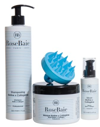 ROSEBAIE | Routine Trio Biotine et Collagène | Réparation Pousse Cheveux | Shampoing 500ml | Masque 500ml | Sérum 100ml | Brosse massante offerte