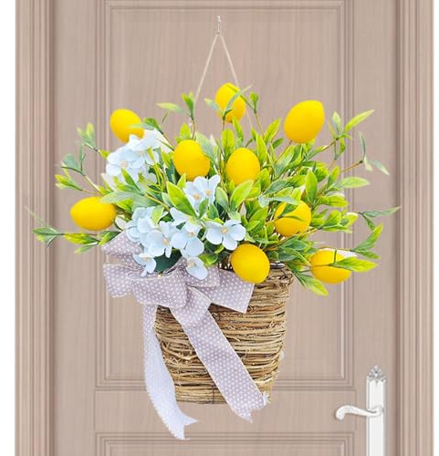 Corona de mimbre para colgar en la puerta, hecha a mano, corona de flores para exteriores, decoración de casa de campo, cesta de flores artificiales, decoración de casa de limón