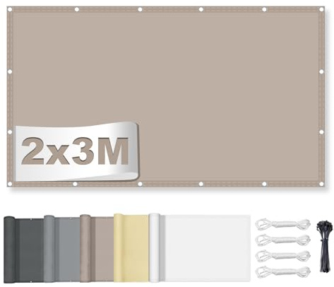 Sonnensegel Wasserdicht Rechteckig mit Ösen 2x3M, Markisenstoff 95% UV Schutz, Sonnenschutz Markise Reißfest Wetterfest mit Seil, für Balkon Terrasse Garten,Khaki