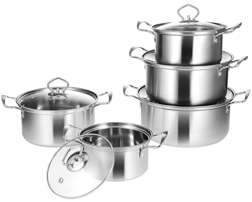 ULTECHNOVO Stainless Steel Induction Stockpot Set 5 Pots with Lids Double Handles Kitchen Cookware Set for Soup Stew and Porridge 6.42 in Diameter
