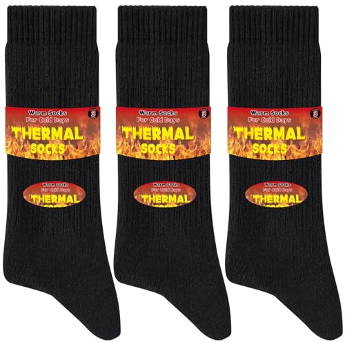 Niofind Thick Warm Thermal Socks for Men Women, Full Cushion Winter Socks, Crew Length Black Heavy Duty Heated Cotton Boot Sock for Work Outdoor Walking, Hiking, Running, Black, 9-12, 3 Pairs