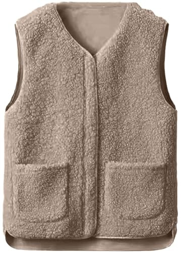 Joligiao Chaleco de Forro Polar Mujer Termico Chaleco Lana Polar Invierno Chaqueta sin Mangas con Bolsillos con Cremallera Chaqueta de Peluche Mujer Invierno Cálido Jacket(Caqui,M)